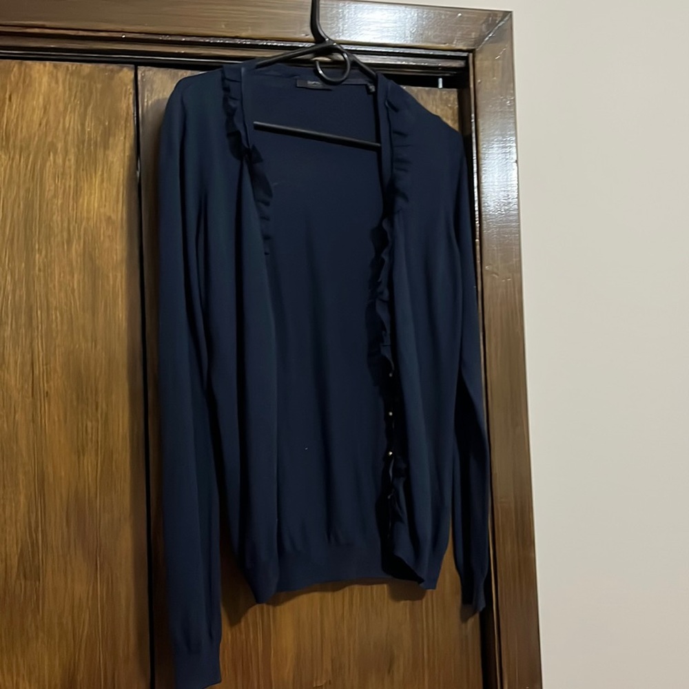 Navy Esprit cardigan with Ball Style buttons and ruffled front